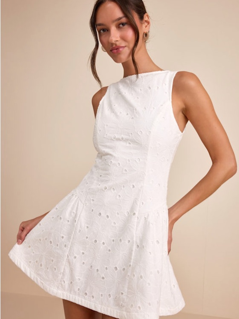Celenia White Eyelet Embroidered Sleeveless Mini Dress